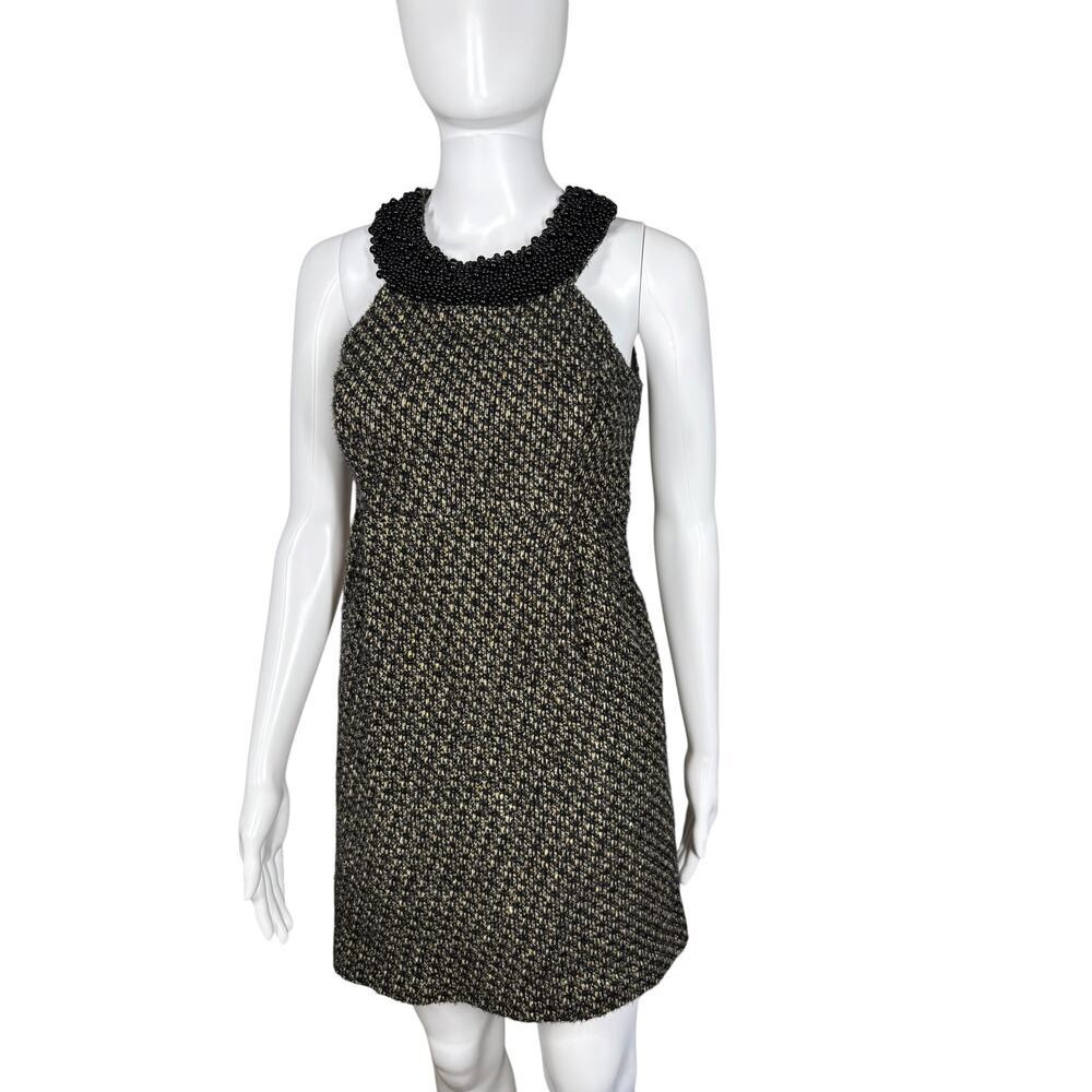 INC International Concepts Blk Brown Wool Blend Tweed Beaded Halter Dress Size 0